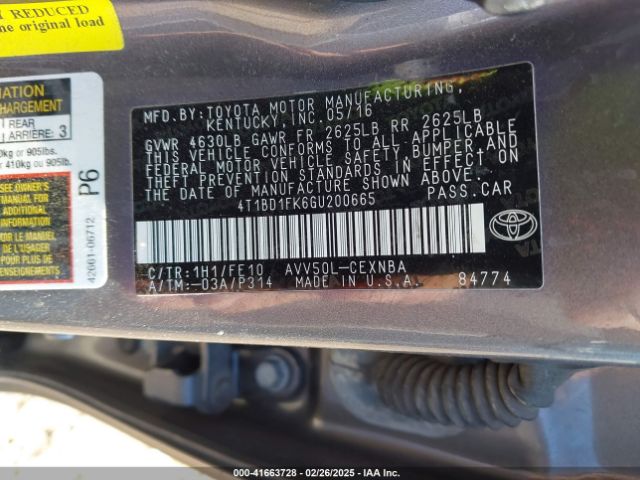 4T1BD1FK6GU200665 Toyota Camry Hybrid Le