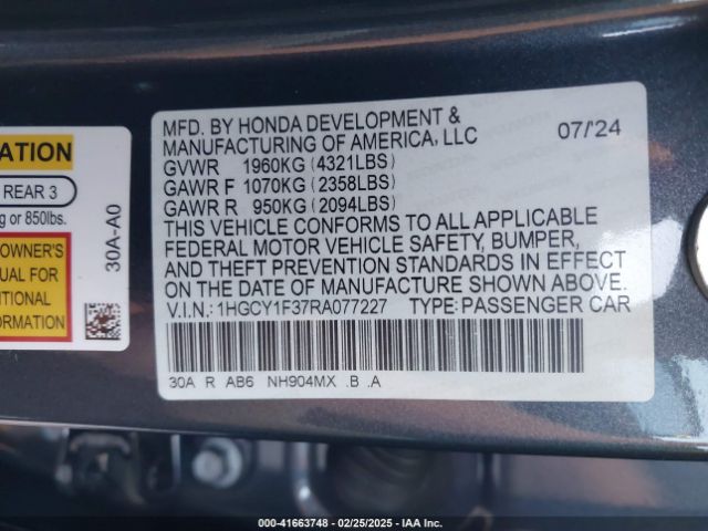 1HGCY1F37RA077227 Honda ACCORD EX
