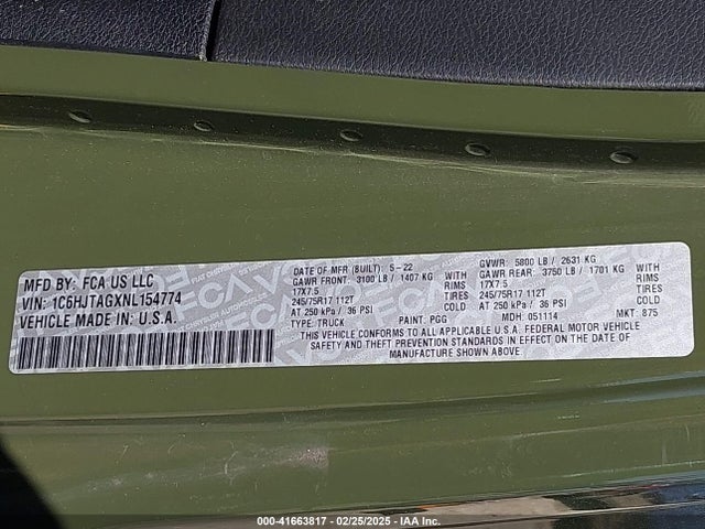 1C6HJTAGXNL154774 Jeep Gladiator Altitude 4x4