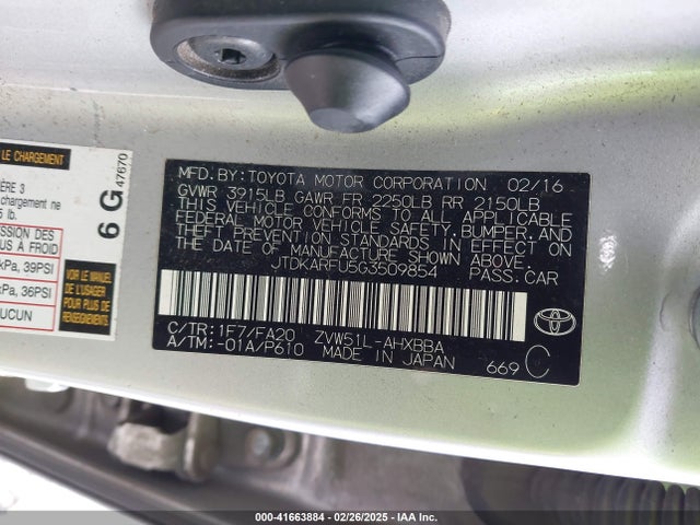 Toyota 2zr-fxe,1nm 2016 JTDKARFU5G3509854 Image 9
