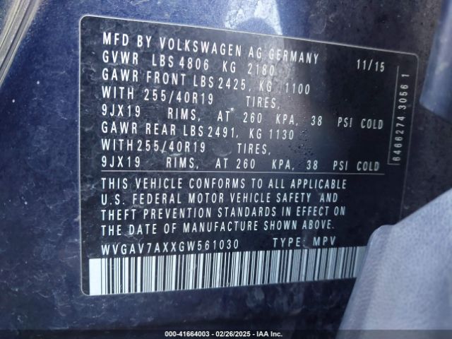 WVGAV7AXXGW561030 Volkswagen Tiguan R-line/s/se/sel