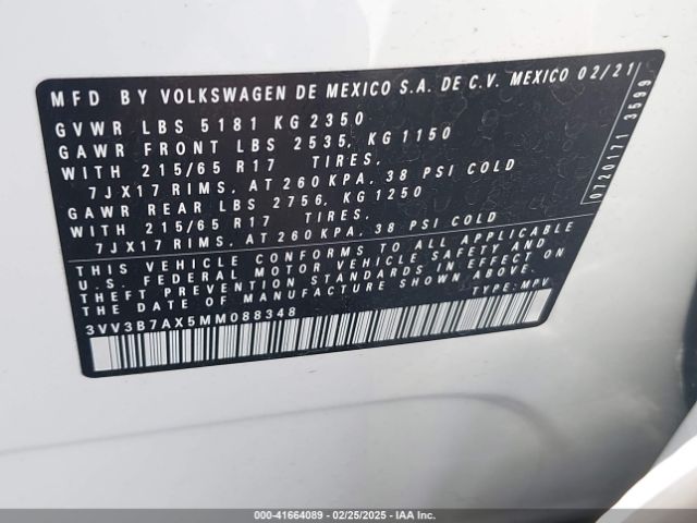 3VV3B7AX5MM088348 Volkswagen Tiguan 2.0t Se/2.0t Se R-line Black/2.0t Sel