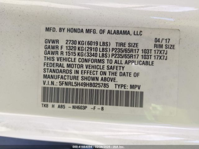 5FNRL5H49HB025785 Honda ODYSSEY EX