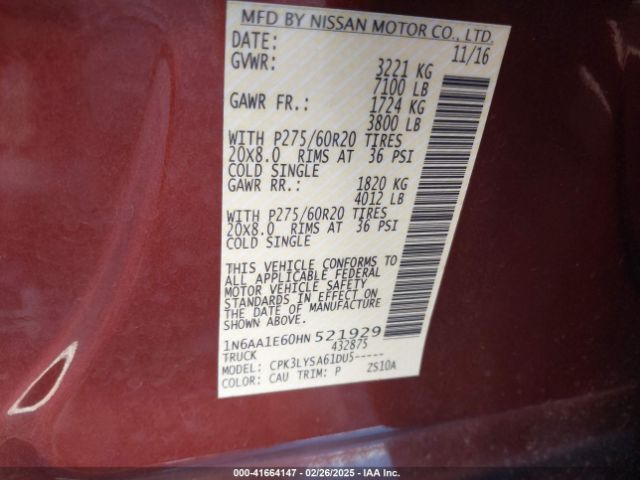 1N6AA1E60HN521929 Nissan Titan Platinum Reserve