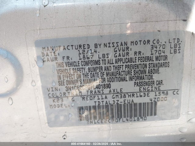 3N1CE2CP0FL401890 Nissan Versa Note S (sr)/s Plus/sl/sr/sv