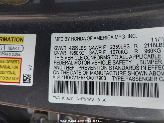 1HGCV1F57KA017903 Honda Accord Ex-l