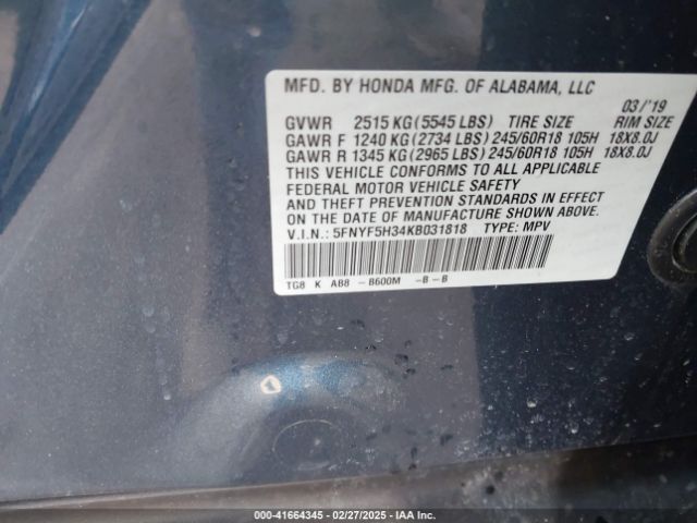 5FNYF5H34KB031818 Honda Pilot Ex