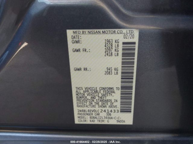1N4BL4EV0LC241433 Nissan Altima Sl Fwd