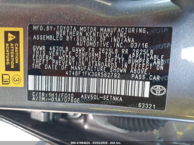 Toyota CAMRY LE 2016 4T4BF1FK3GR562792 Image 9