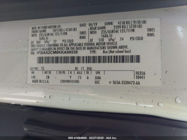 1FBAX2CM8KKA99530 Ford Transit-350 Xlt