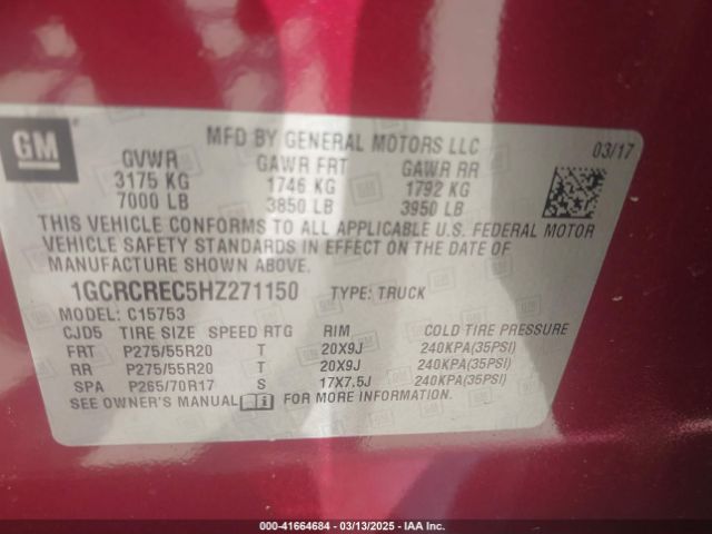 2017 CHEVROLET SILVERADO 1500 1GCRCREC5HZ271150 Photo 8
