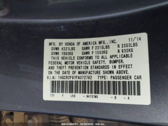 1HGCR2F87FA072782 Honda Accord Ex-l