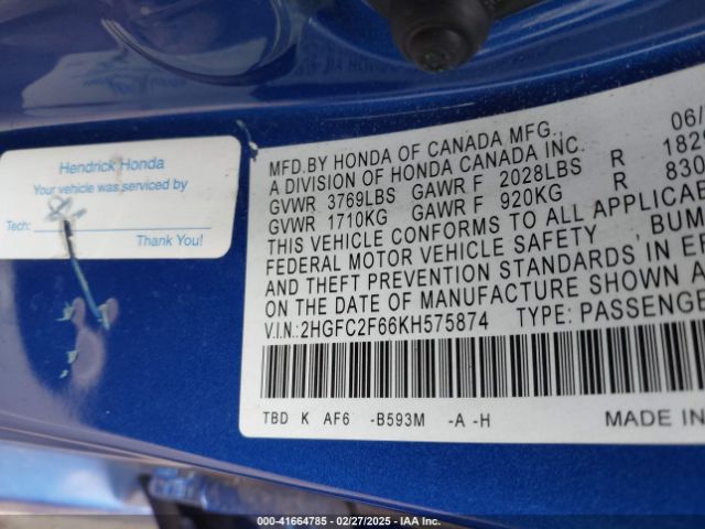 2HGFC2F66KH575874 Honda Civic Lx