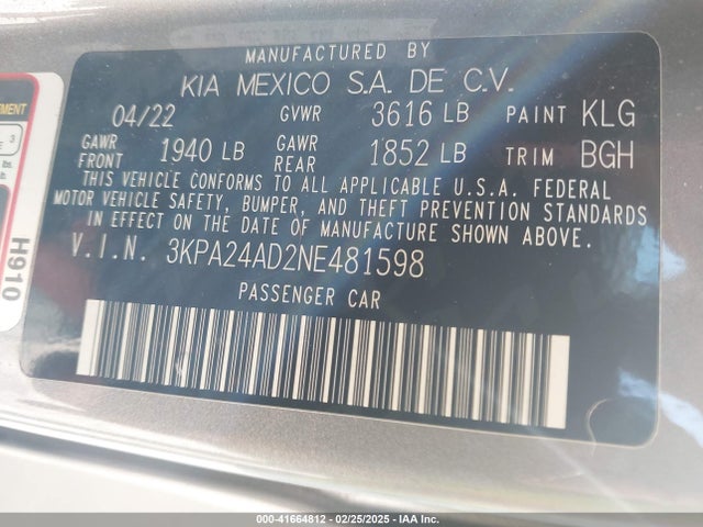 3KPA24AD2NE481598 KIA RIO S