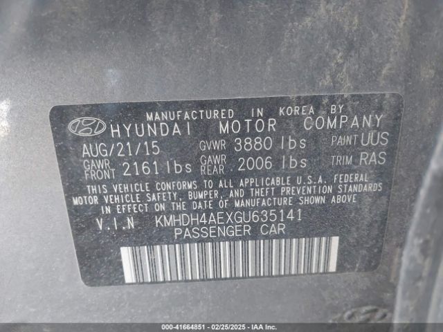 KMHDH4AEXGU635141 Hyundai ELANTRA SE