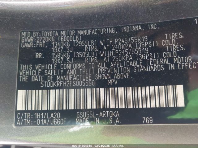 5TDDKRFH2ES005590 Toyota Highlander Limited V6