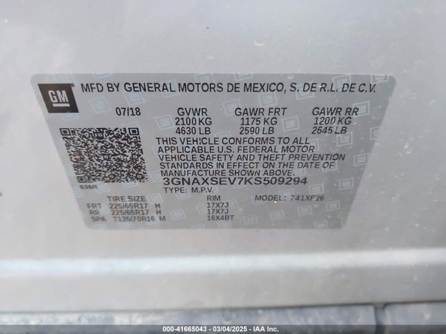 3GNAXSEV7KS509294 Chevrolet EQUINOX LS