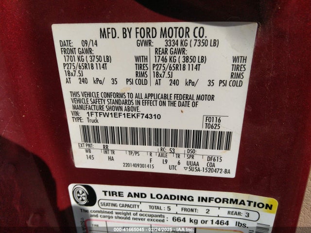 Ford F-150 Lariat 2014 1FTFW1EF1EKF74310 Image 9