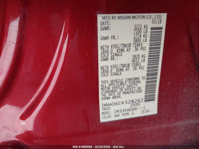 1N6AA1EK1JN528262 Nissan TITAN S