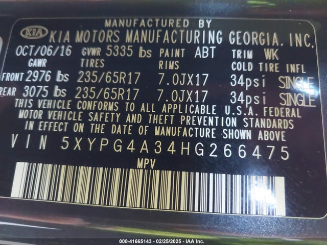 5XYPG4A34HG266475 KIA Sorento 2.4l Lx