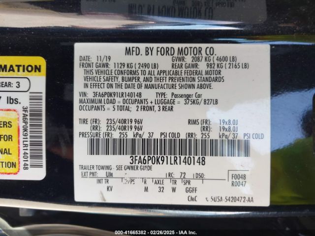 3FA6P0K91LR140148 Ford Fusion Titanium
