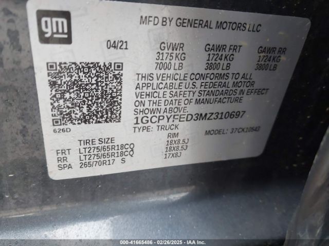 1GCPYFED3MZ310697 Chevrolet Silverado 1500 4wd  Short Bed Lt Trail Boss