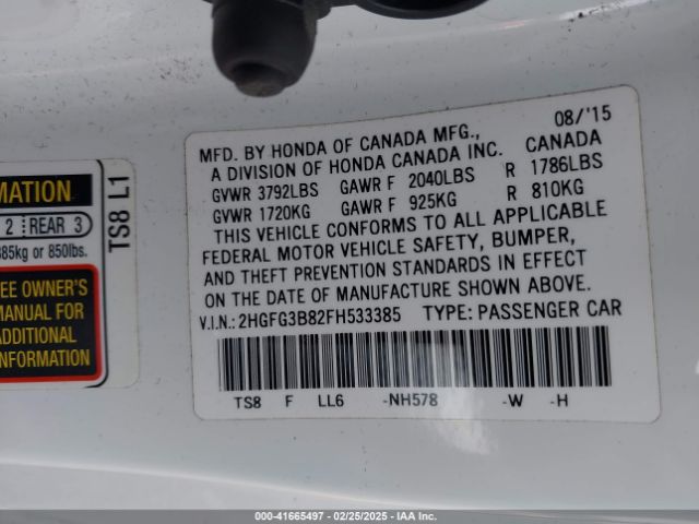 2HGFG3B82FH533385 Honda CIVIC EX