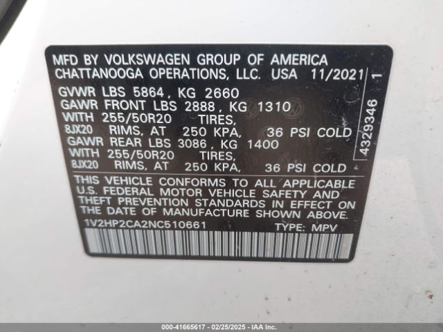1V2HP2CA2NC510661 Volkswagen Atlas 2.0t Se W/technology