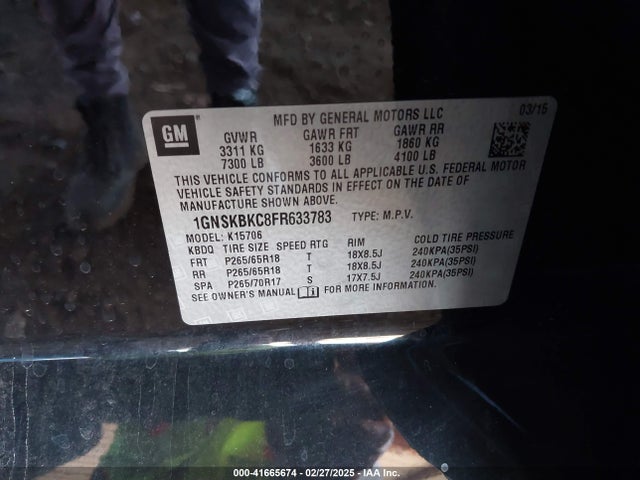 1GNSKBKC8FR633783 Chevrolet Tahoe Lt