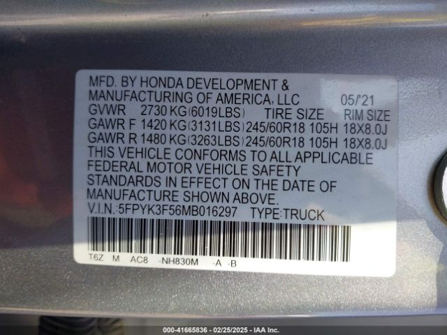 5FPYK3F56MB016297 Honda Ridgeline Awd Rtl