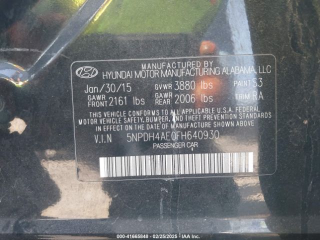 5NPDH4AE0FH640930 Hyundai ELANTRA SE