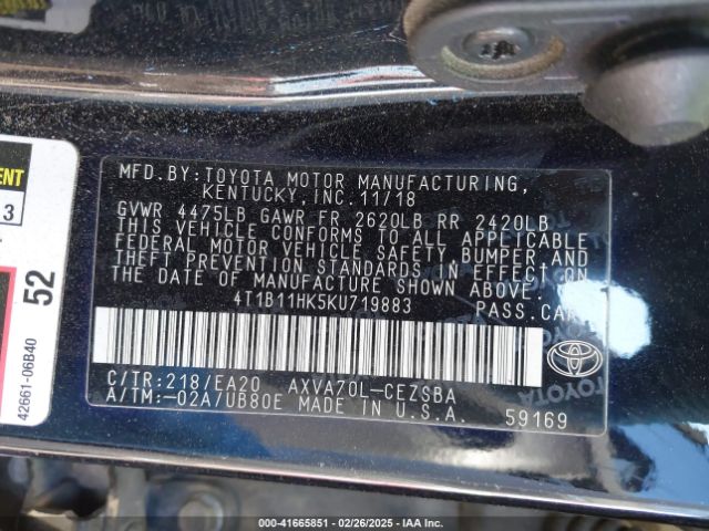 4T1B11HK5KU719883 Toyota CAMRY SE