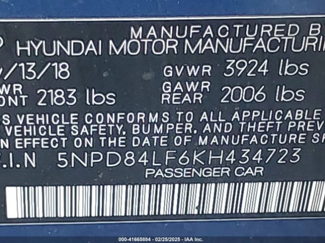 5NPD84LF6KH434723 Hyundai ELANTRA SEL