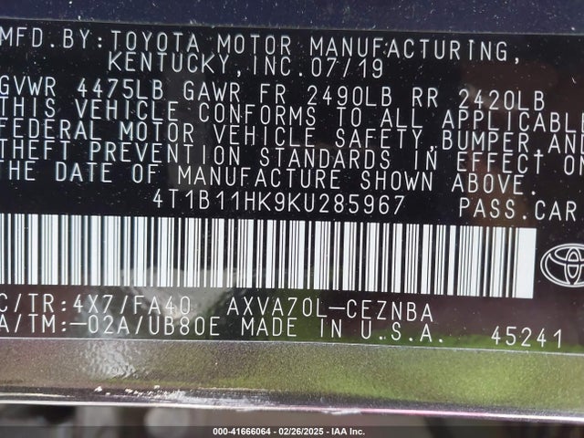 4T1B11HK9KU285967 Toyota CAMRY LE