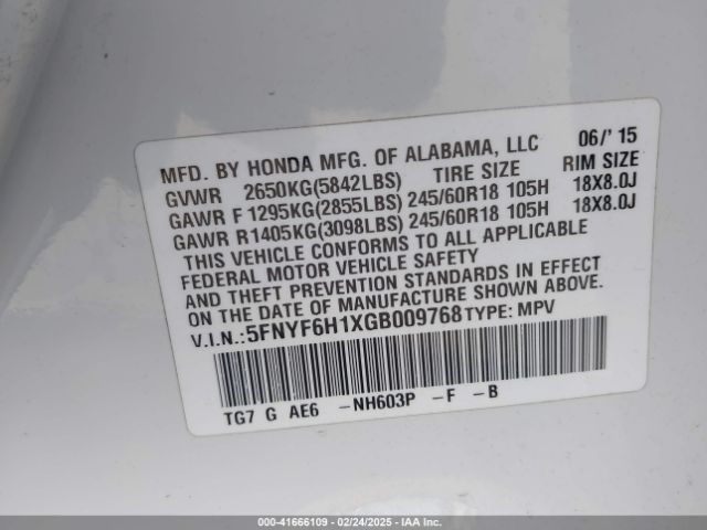 5FNYF6H1XGB009768 Honda PILOT LX