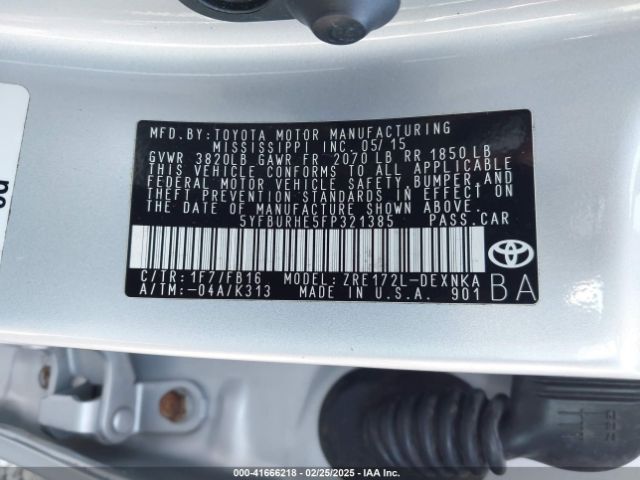 5YFBURHE5FP321385 Toyota Corolla Le/le Plus/le Premium