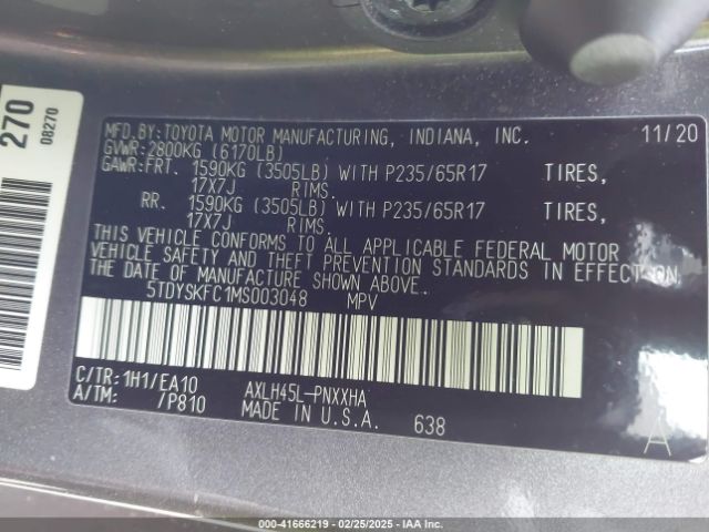 5TDYSKFC1MS003048 Toyota SIENNA XLE