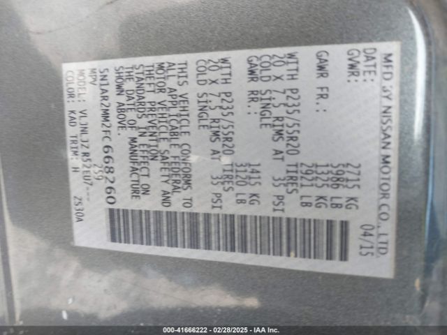 5N1AR2MM2FC668260 Nissan Pathfinder Platinum