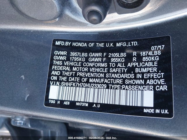 SHHFK7H70HU233029 Honda Civic Ex-l