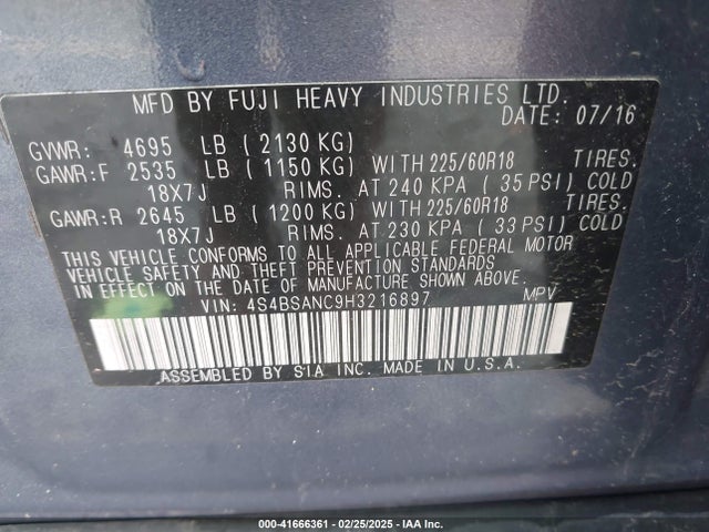 4S4BSANC9H3216897 Subaru Outback 2.5i Limited