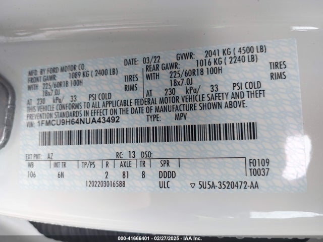 1FMCU9H64NUA43492 Ford ESCAPE SEL