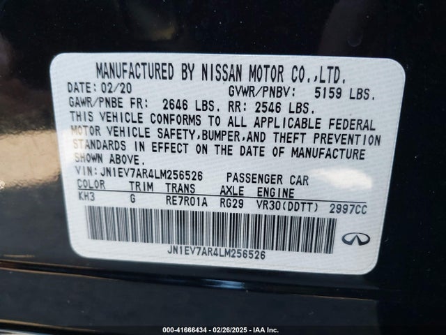 2020 Infiniti Q50 Luxe Awd მანქანა იყიდება აუქციონზე, vin: JN1EV7AR4LM256526, აუქციონის ნომერი: 41666434