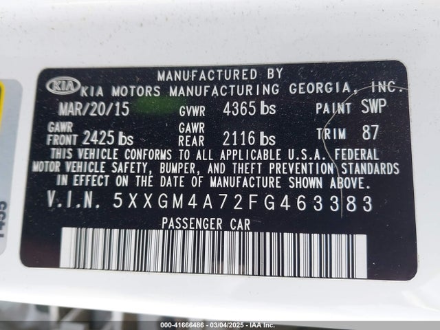 5XXGM4A72FG463383 KIA Optima Lx