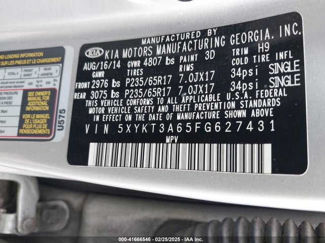 5XYKT3A65FG627431 KIA SORENTO LX
