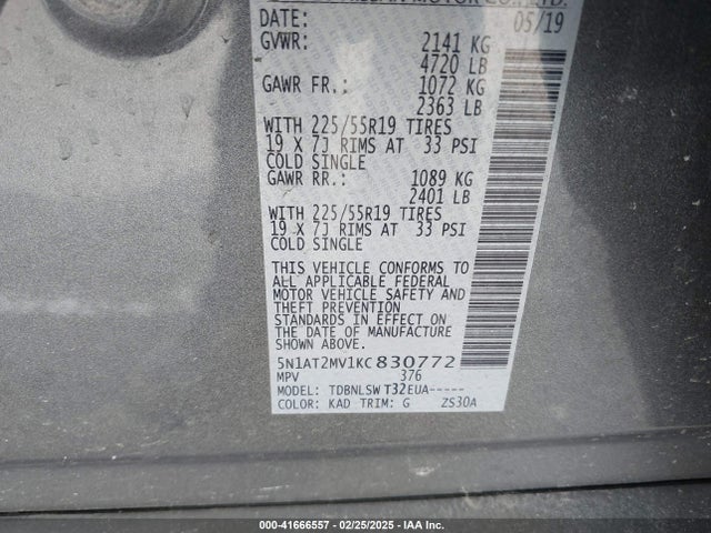 5N1AT2MV1KC830772 Nissan Rogue Sl