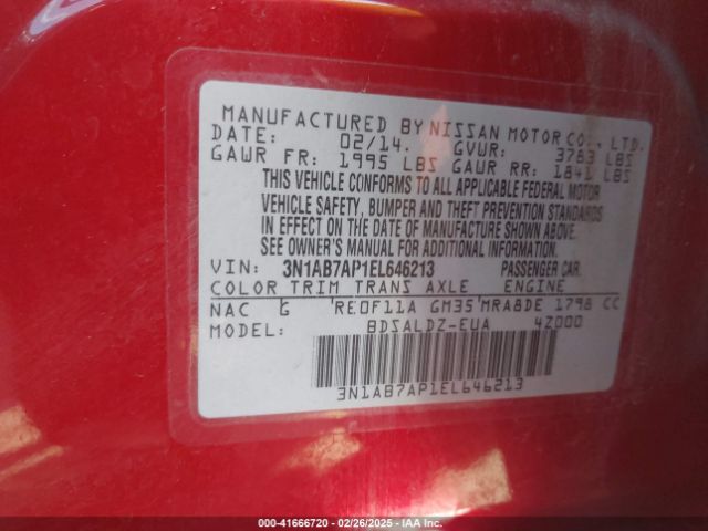 3N1AB7AP1EL646213 Nissan Sentra Fe+ S/fe+ Sv/s/sl/sr/sv