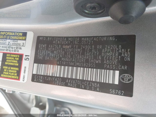 4T1R11AK3MU582955 Toyota CAMRY LE
