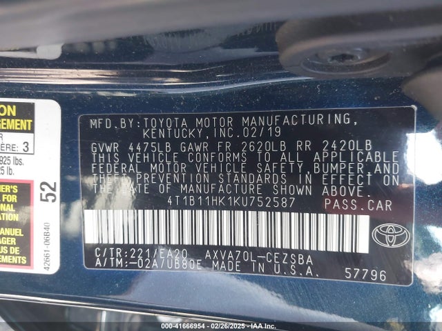 4T1B11HK1KU752587 Toyota CAMRY SE