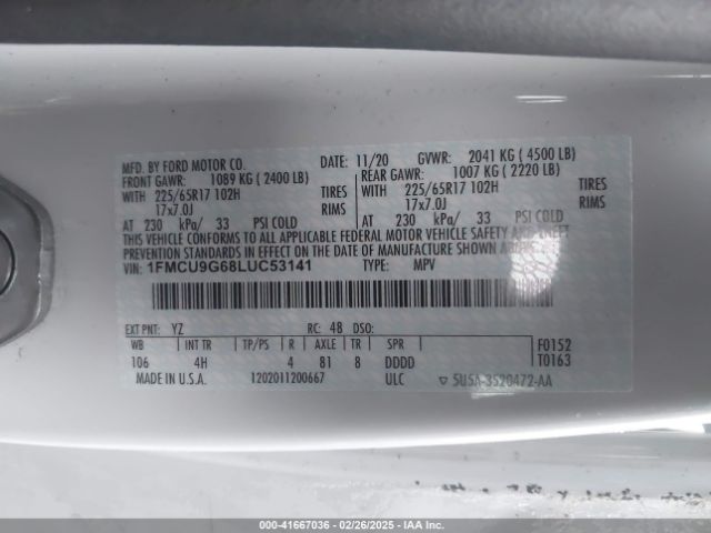 1FMCU9G68LUC53141 Ford ESCAPE SE