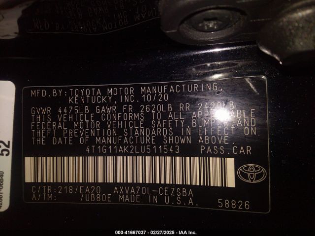 4T1G11AK2LU511543 Toyota CAMRY SE